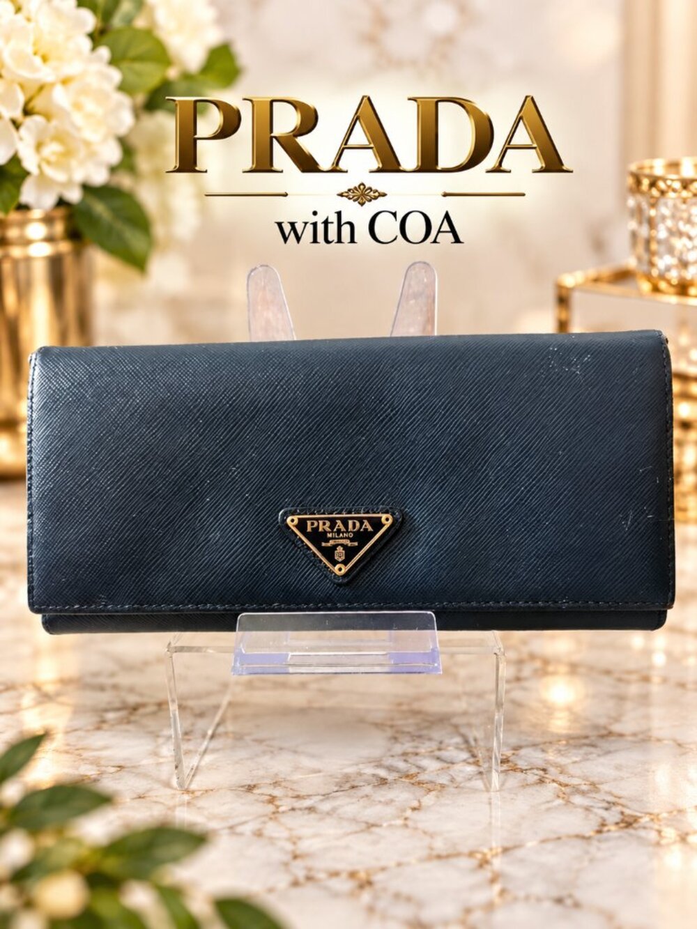 PRADA Milano Navy Blue Saffiano Leather Continental Wallet w/ COA